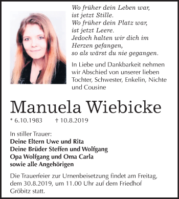 Traueranzeige von Manuela Wiebicke von Wochenspiegel Weißenfels