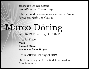 Traueranzeige von Marco Döring von Mitteldeutsche Zeitung Sangerhausen