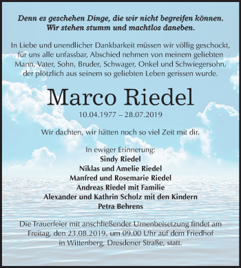Traueranzeige von Marco Riedel von Mitteldeutsche Zeitung Wittenberg