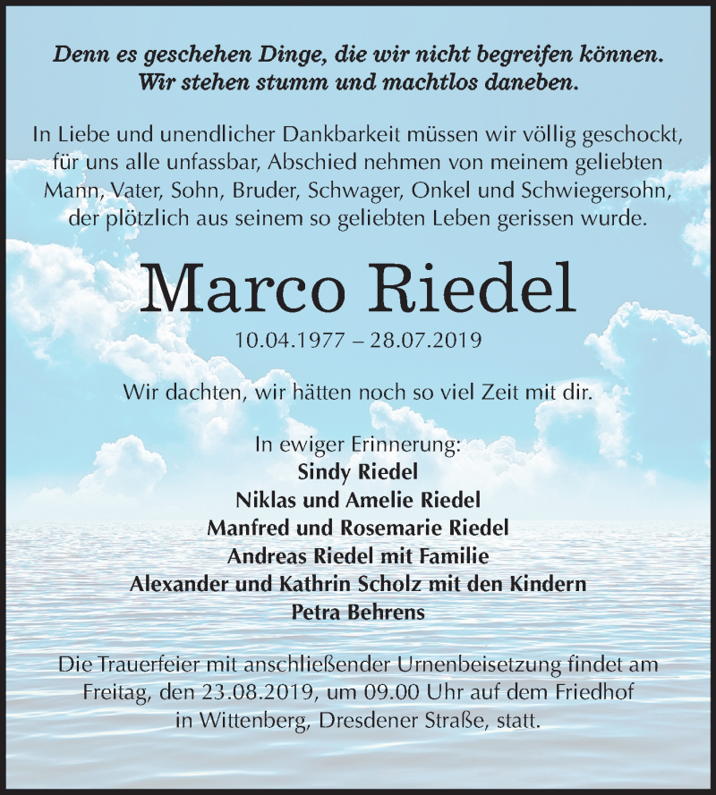  Traueranzeige für Marco Riedel vom 10.08.2019 aus Mitteldeutsche Zeitung Wittenberg