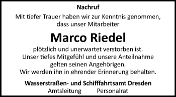 Traueranzeige von Marco Riedel von Super Sonntag Wittenberg