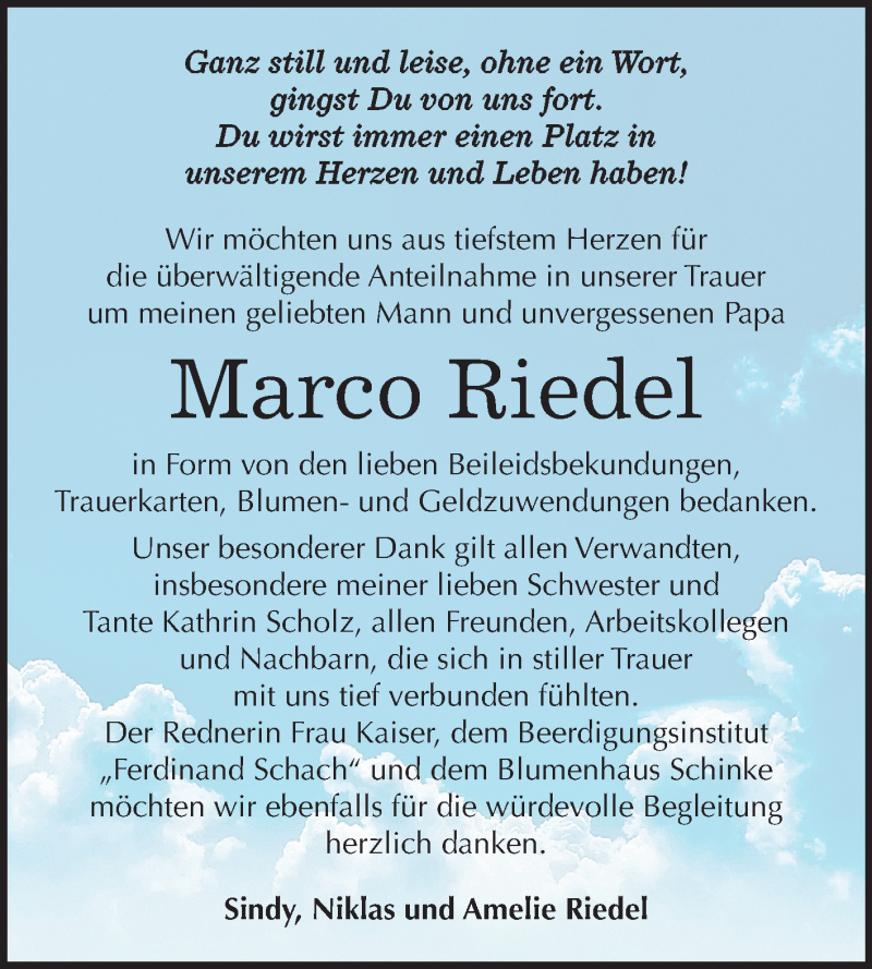  Traueranzeige für Marco Riedel vom 31.08.2019 aus Mitteldeutsche Zeitung Wittenberg