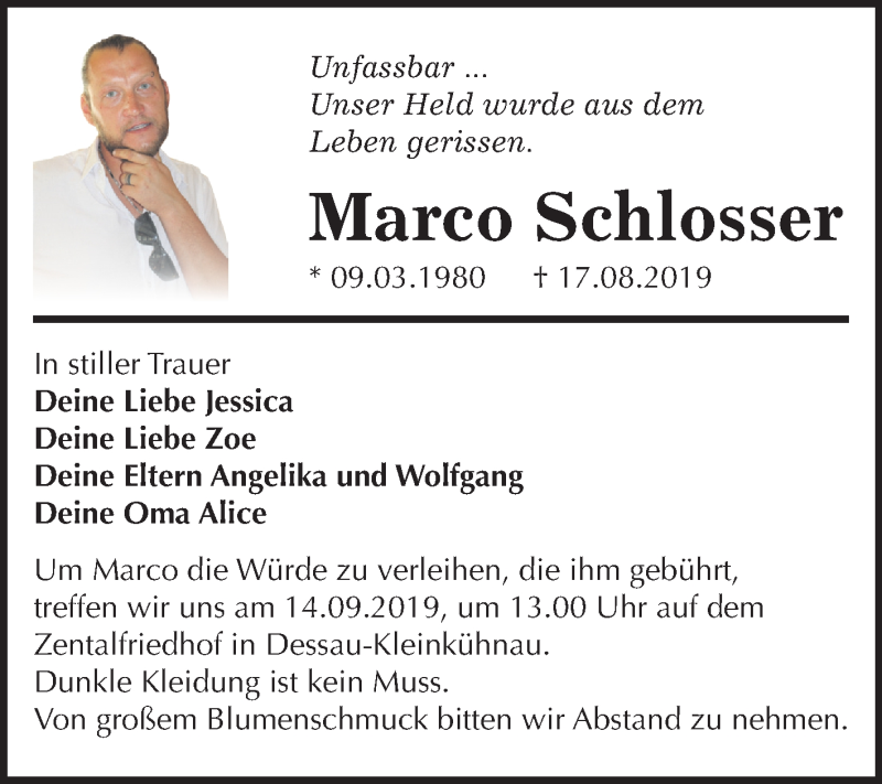  Traueranzeige für Marco Schlosser vom 31.08.2019 aus Mitteldeutsche Zeitung Dessau-Roßlau