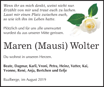 Traueranzeige von Maren Wolter von Super Sonntag Bernburg