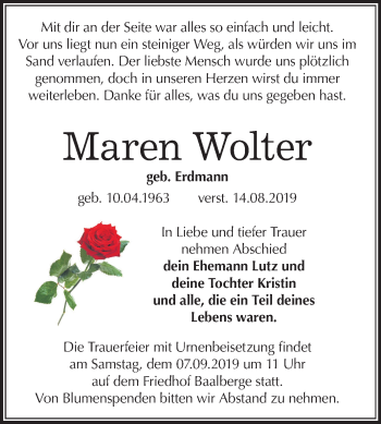 Traueranzeige von Maren Wolter von Super Sonntag Bernburg