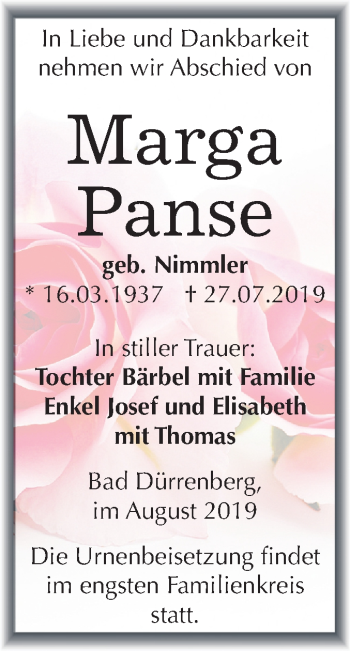 Traueranzeige von Marga Panse von Super Sonntag Merseburg/Querfurt
