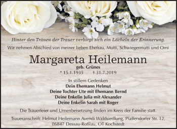 Traueranzeige von Margareta Heilemann von Mitteldeutsche Zeitung Bitterfeld / Köthen