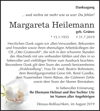 Traueranzeige von Margareta Heilemann von Mitteldeutsche Zeitung Bitterfeld