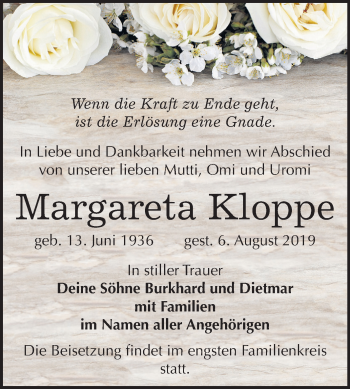 Traueranzeige von Margareta Kloppe von Mitteldeutsche Zeitung Bitterfeld