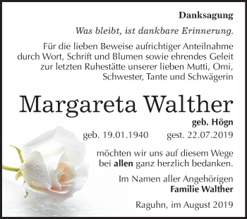 Traueranzeige von Margareta Walther von Wochenspiegel Bitterfeld