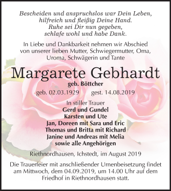 Traueranzeige von Margarete Gebhardt von Super Sonntag Sangerhausen