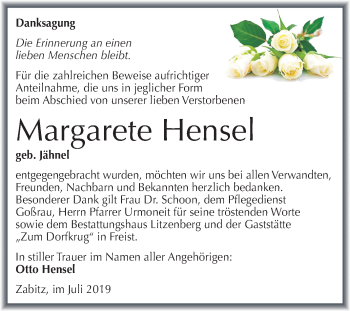 Traueranzeige von Margarete Hensel von Wochenspiegel Mansfelder Land