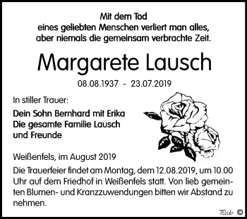 Traueranzeige von Margarete Lausch von Mitteldeutsche Zeitung Weißenfels