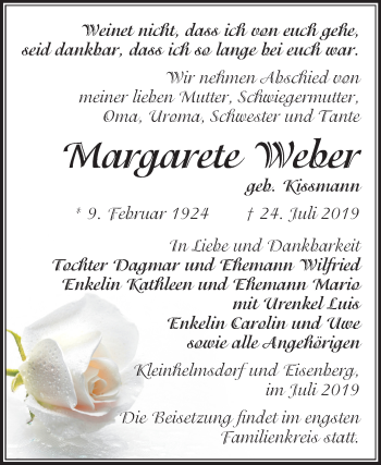 Traueranzeige von Margarete Weber von Super Sonntag Zeitz