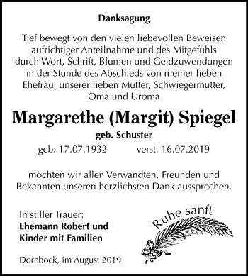 Traueranzeige von Margarethe Spiegel von Mitteldeutsche Zeitung Köthen