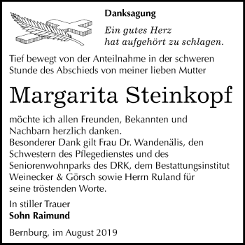 Traueranzeige von Margarita Steinkopf von Mitteldeutsche Zeitung Bernburg