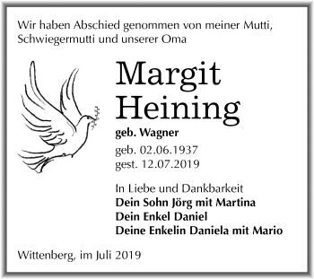 Traueranzeige von Margit Heining von Super Sonntag Wittenberg