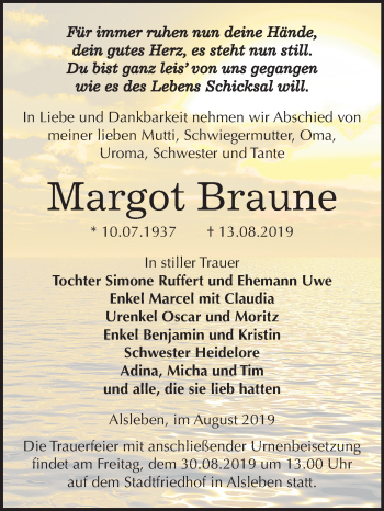 Traueranzeige von Margot Braune von Mitteldeutsche Zeitung Bernburg