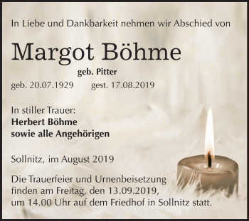 Traueranzeige von Margot Böhme von Super Sonntag Dessau-Roßlau