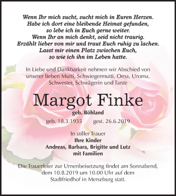 Traueranzeige von Margot Finke von Super Sonntag Merseburg/Querfurt