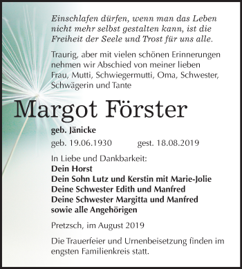 Traueranzeige von Margot Förster von Super Sonntag Wittenberg