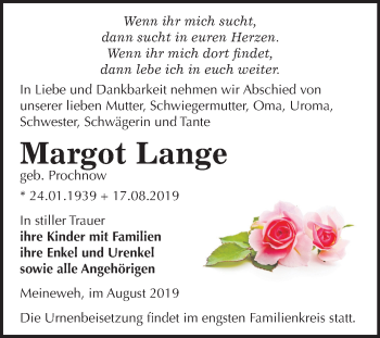 Traueranzeige von Margot Lange von Super Sonntag Zeitz