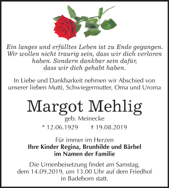 Traueranzeige von Margot Mehlig von Super Sonntag Quedlinburg