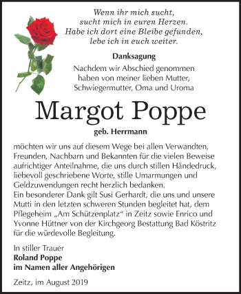Traueranzeige von Margot Poppe von Super Sonntag Zeitz