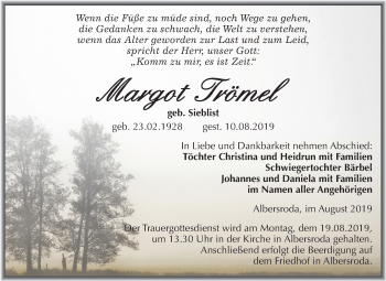 Traueranzeige von Margot Trömel von Mitteldeutsche Zeitung Merseburg/Querfurt / Naumburg/Nebra