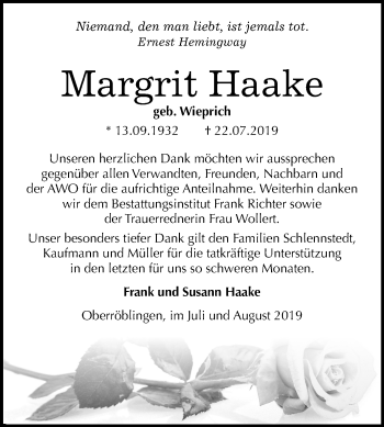 Traueranzeige von Margrit Haake von Super Sonntag Sangerhausen