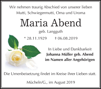Traueranzeige von Maria Abend von Super Sonntag Merseburg/Querfurt