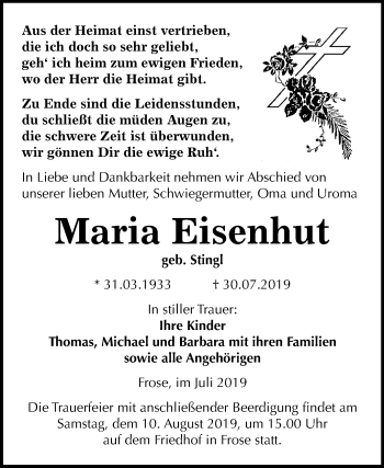 Traueranzeige von Maria Eisenhut von Mitteldeutsche Zeitung Aschersleben