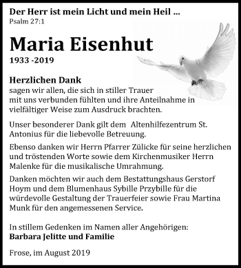 Traueranzeige von Maria Eisenhut von Mitteldeutsche Zeitung Aschersleben