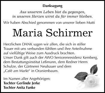 Traueranzeige von Maria Schirmer von Super Sonntag Wittenberg