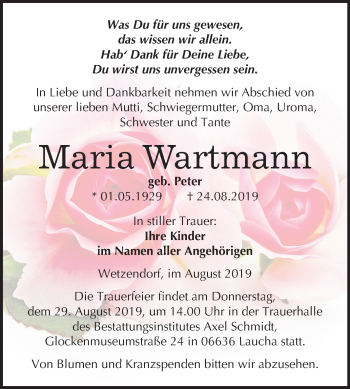 Traueranzeige von Maria Wartmann von Mitteldeutsche Zeitung Naumburg/Nebra