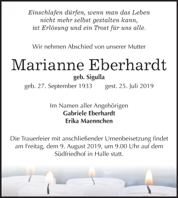 Traueranzeige von Marianne Eberhardt von Mitteldeutsche Zeitung Halle/Saalkreis