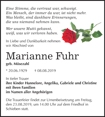 Traueranzeige von Marianne Fuhr von Wochenspiegel Naumburg/Nebra