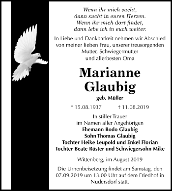 Traueranzeige von Marianne Glaubig von Super Sonntag Wittenberg
