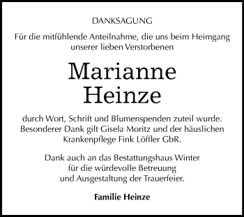 Traueranzeige von Marianne Heinze von Mitteldeutsche Zeitung Bitterfeld