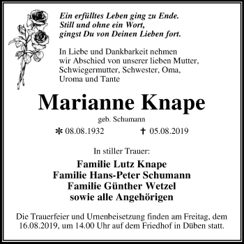Traueranzeige von Marianne Knape von Mitteldeutsche Zeitung Wittenberg