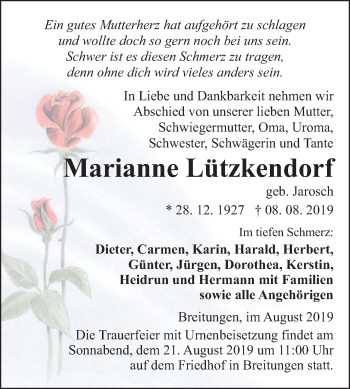 Traueranzeige von Marianne Lützkendorf von Mitteldeutsche Zeitung Sangerhausen