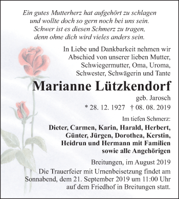 Traueranzeige von Marianne Lützkendorf von Super Sonntag Sangerhausen