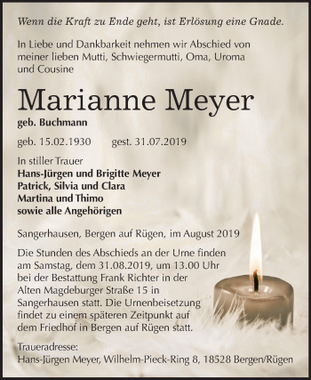Traueranzeige von Marianne Meyer von Super Sonntag Sangerhausen