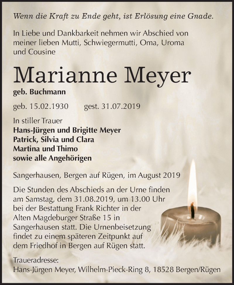  Traueranzeige für Marianne Meyer vom 10.08.2019 aus Mitteldeutsche Zeitung Sangerhausen