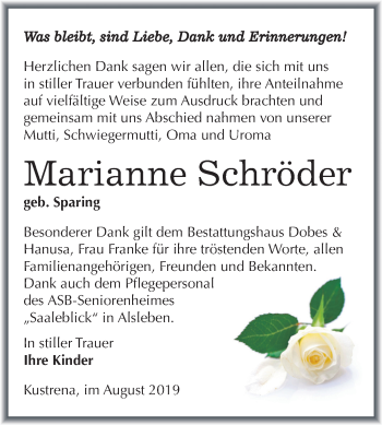 Traueranzeige von Marianne Schröder von Super Sonntag Bernburg