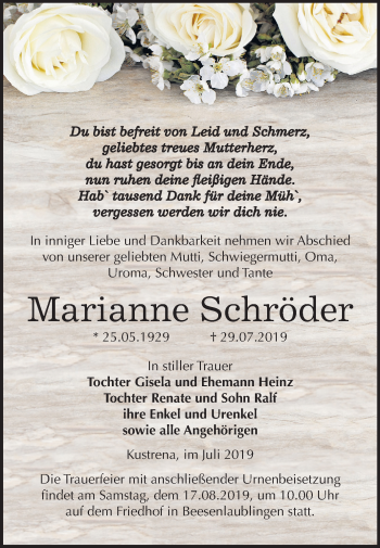 Traueranzeige von Marianne Schröder von Mitteldeutsche Zeitung Bernburg