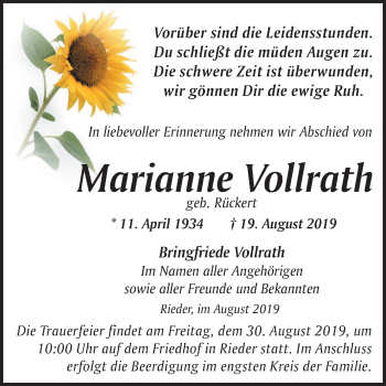 Traueranzeige von Marianne Vollrath von Mitteldeutsche Zeitung Quedlinburg