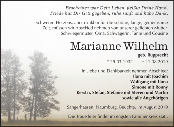Traueranzeige von Marianne Wilhelm von Mitteldeutsche Zeitung Sangerhausen