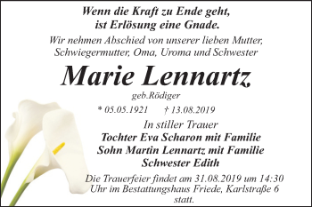 Traueranzeige von Marie Lennartz von Mitteldeutsche Zeitung Dessau-Roßlau