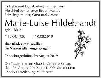 Traueranzeige von Marie-Luise Hildebrandt von Wochenspiegel Mansfelder Land